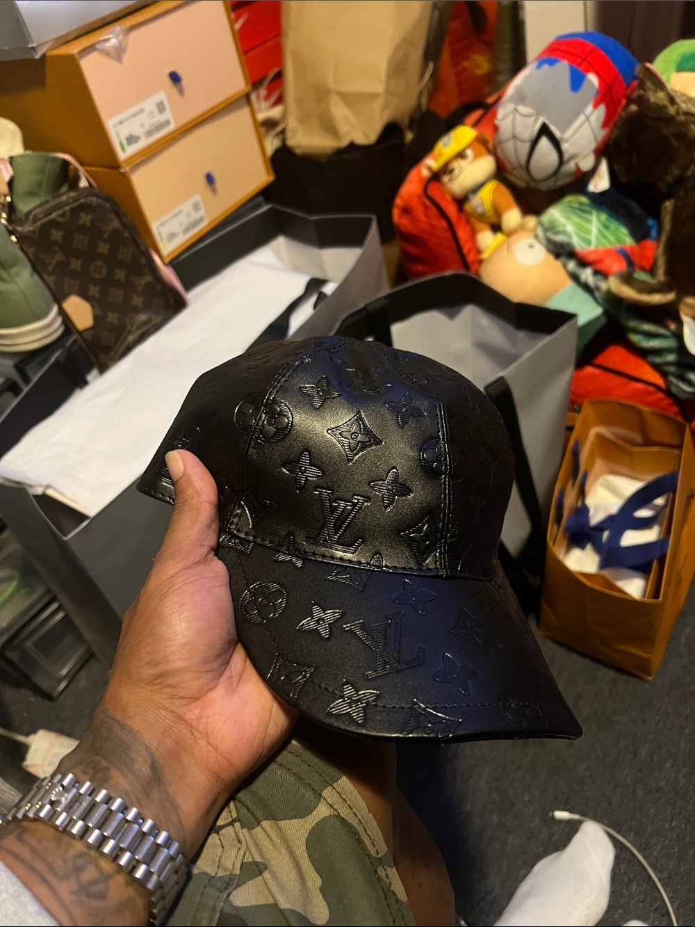 Louis Vuitton Black Embossed Monogram Leather Cap